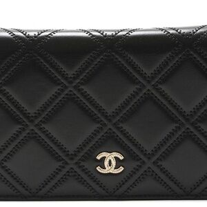 CHANEL Black Leather Double Stitch Tassel Wallet